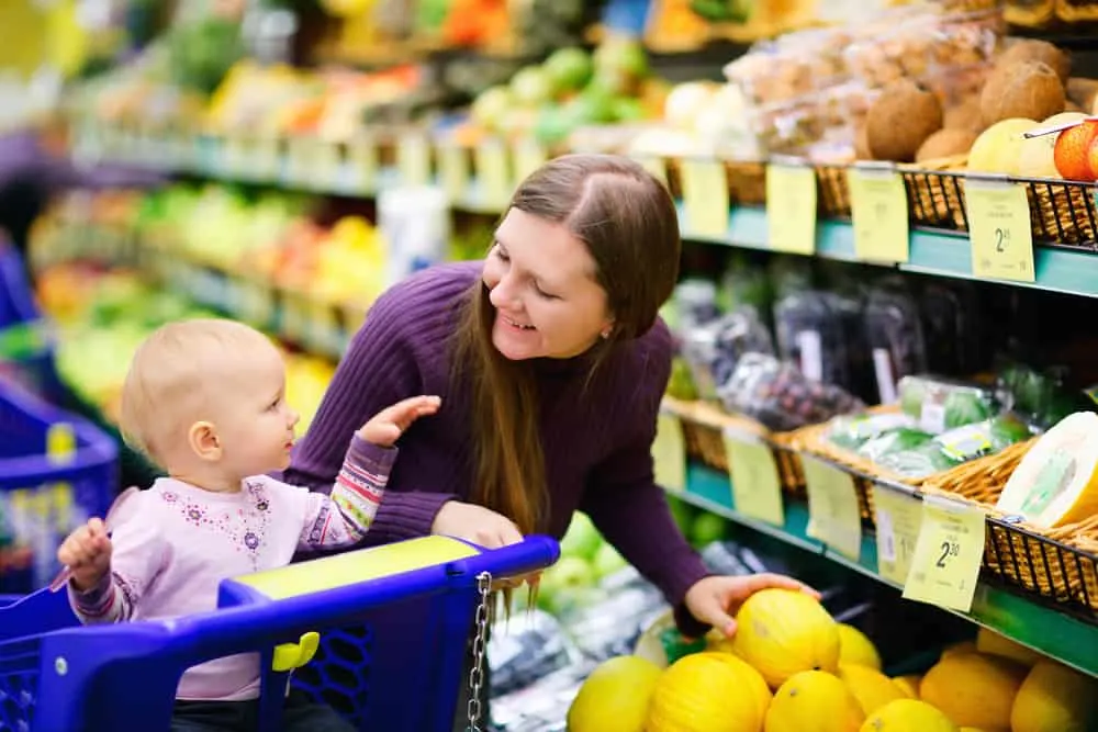 mom and baby grocery shopping